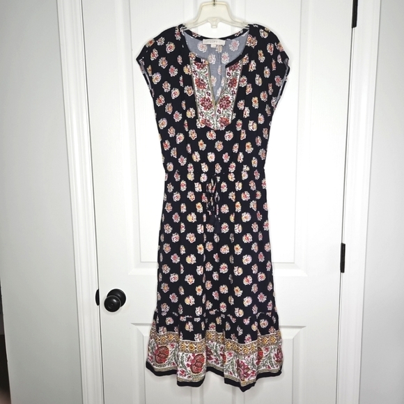 LOFT Paisley Midi Peasant Dress Small Navy Blue Elastic Waist Tassels Ruffle Hem - Picture 1 of 12